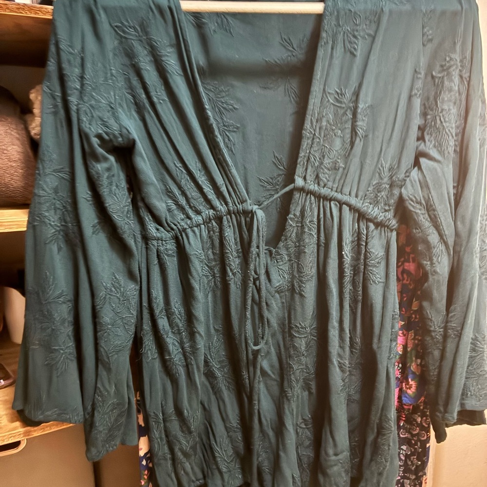 Teal Embroidered long sleeve romper